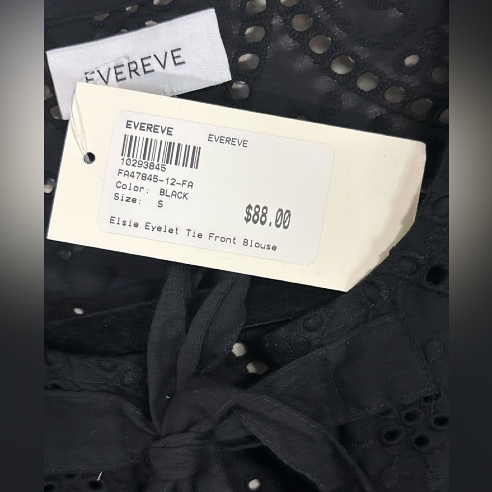 Evereve Elsie Eyelet Tie Front Blouse NWT Black Cotton Peplum Top S - Picture 5 of 5